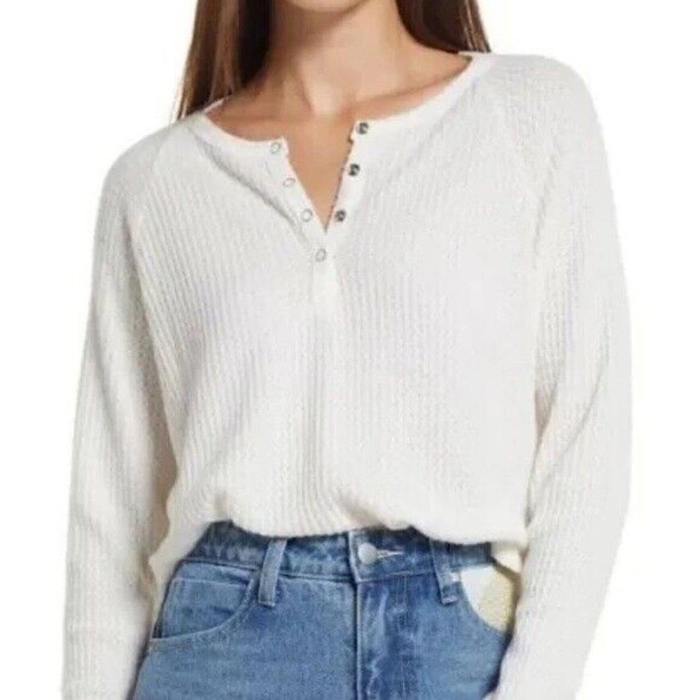 Bp henley long sleeve BNWOT white top sz medium womens snap button oversize - Picture 1 of 6